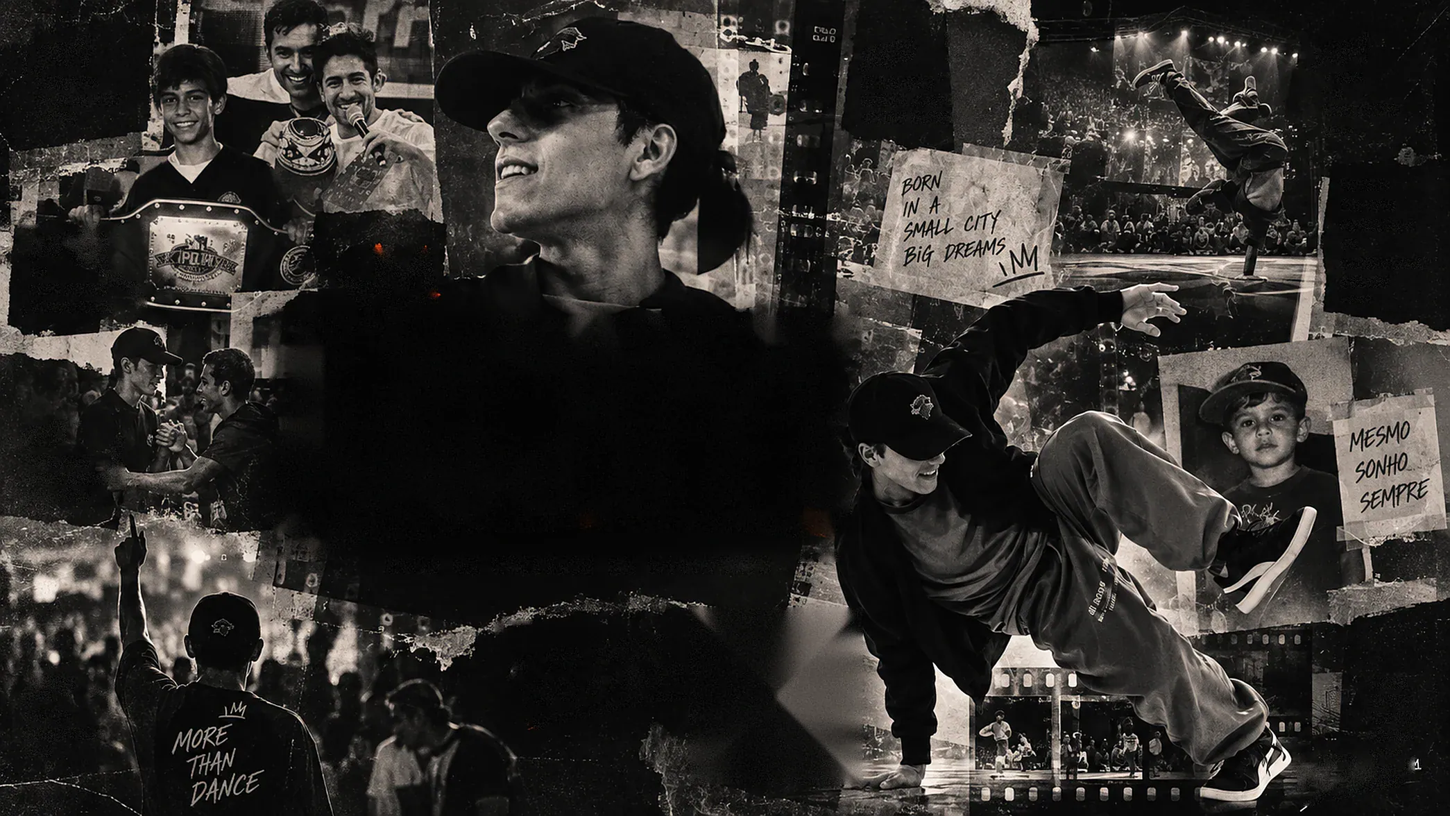 Colagem de arquivo com Denilson sorrindo e em movimento de breaking, recortes de papel, fotos de palco e plateia — arte DENILSON IN MOTION