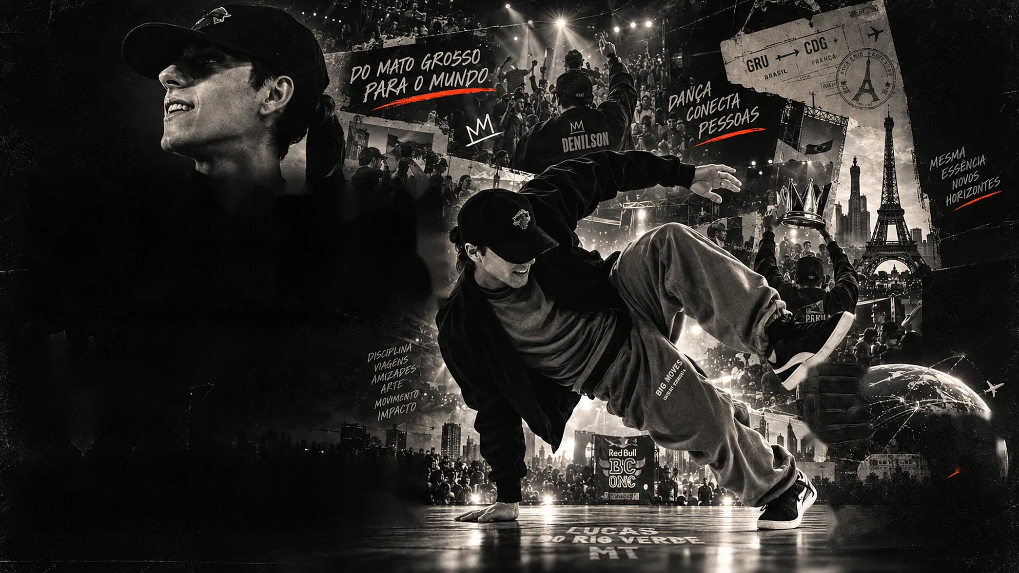 Denilson em movimento de breaking diante de plateia e luzes de palco, com a Torre Eiffel ao fundo e “Lucas do Rio Verde — MT” escrito no chão — arte DENILSON IN MOTION