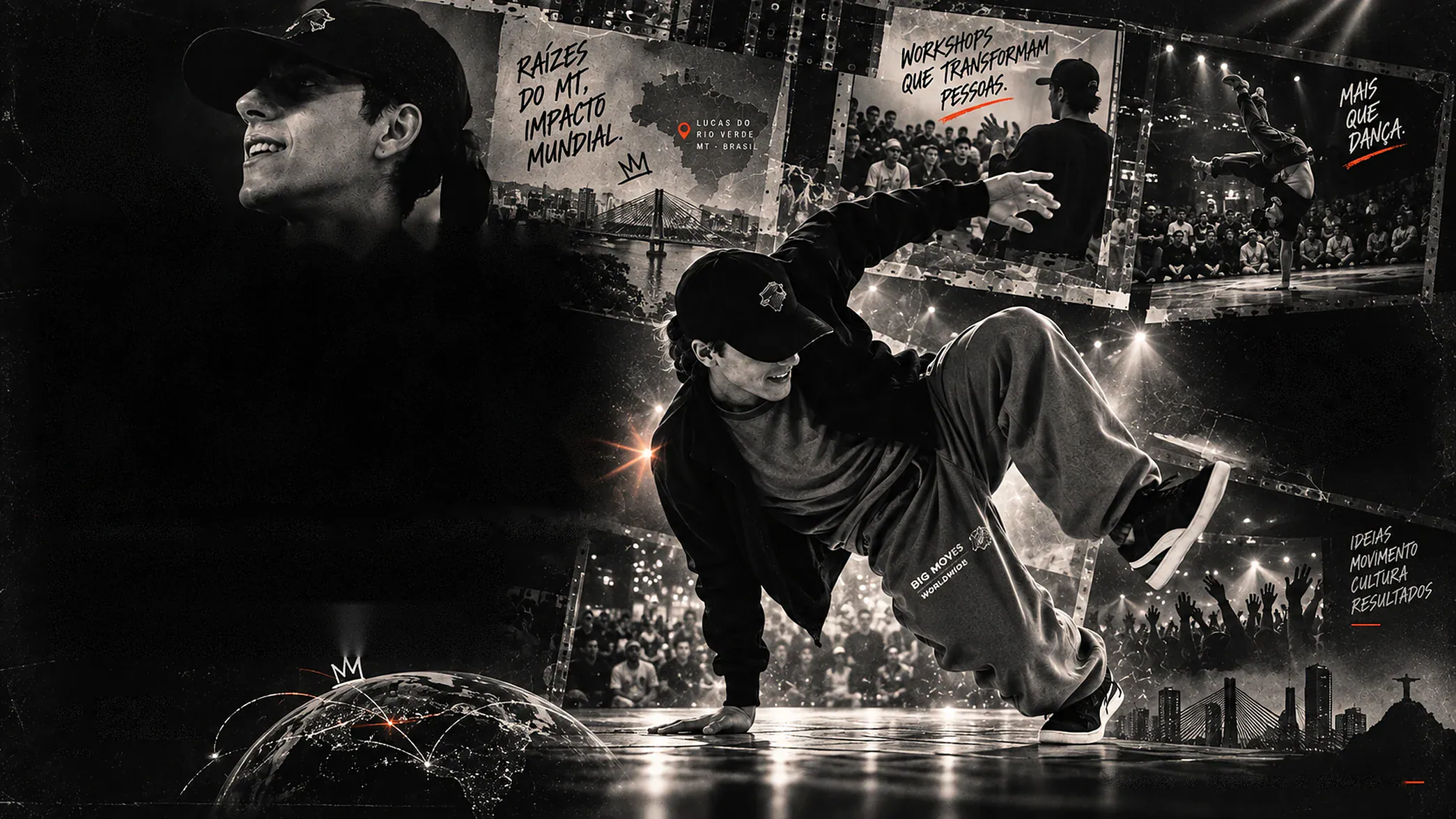 Denilson em movimento de breaking diante da plateia, com recortes de workshop, mapa do Mato Grosso e palco — arte DENILSON IN MOTION