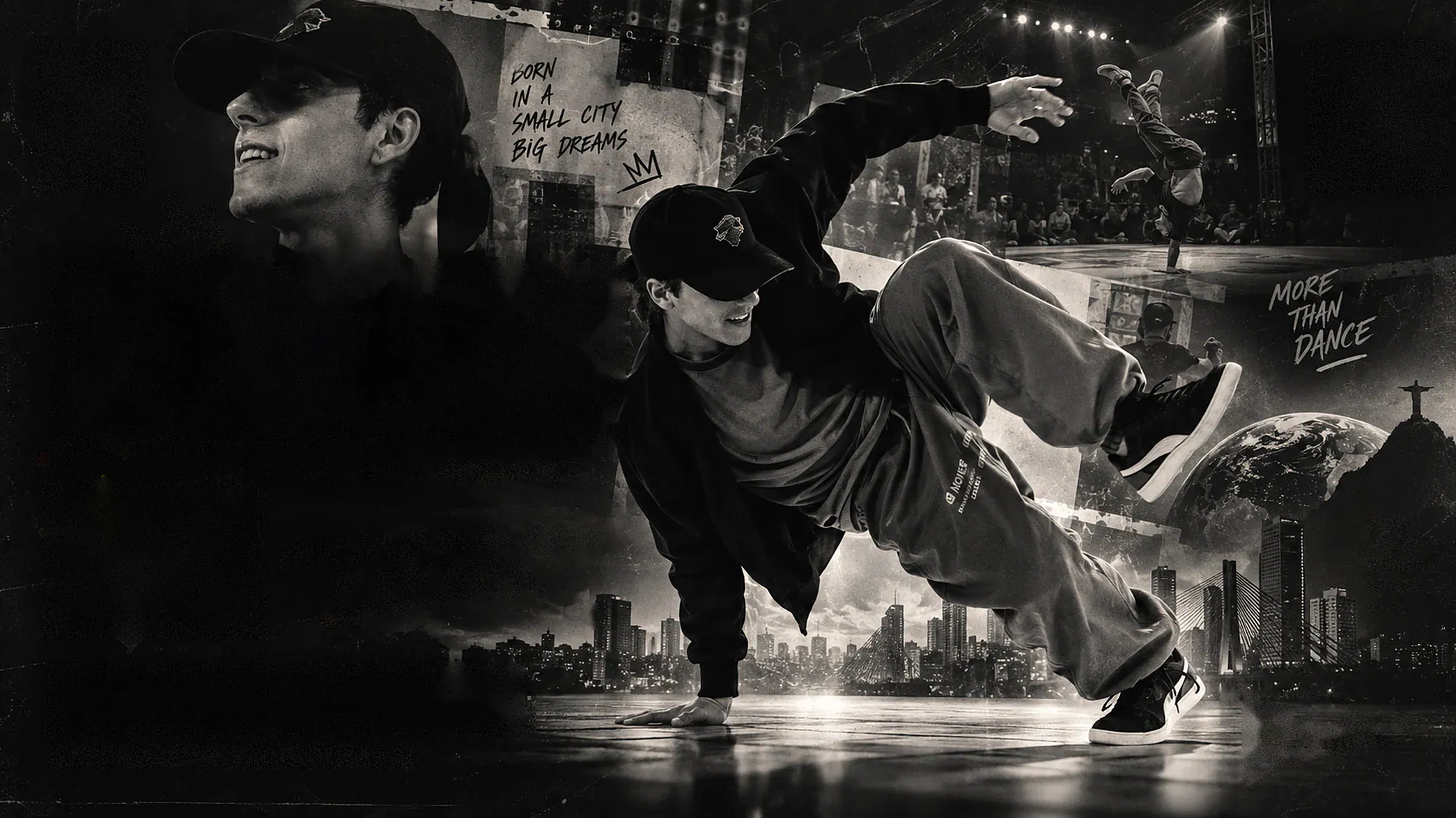 Denilson em freeze de breaking sobre o palco, numa colagem em preto e branco com plateia, luzes de show e skyline — arte DENILSON IN MOTION