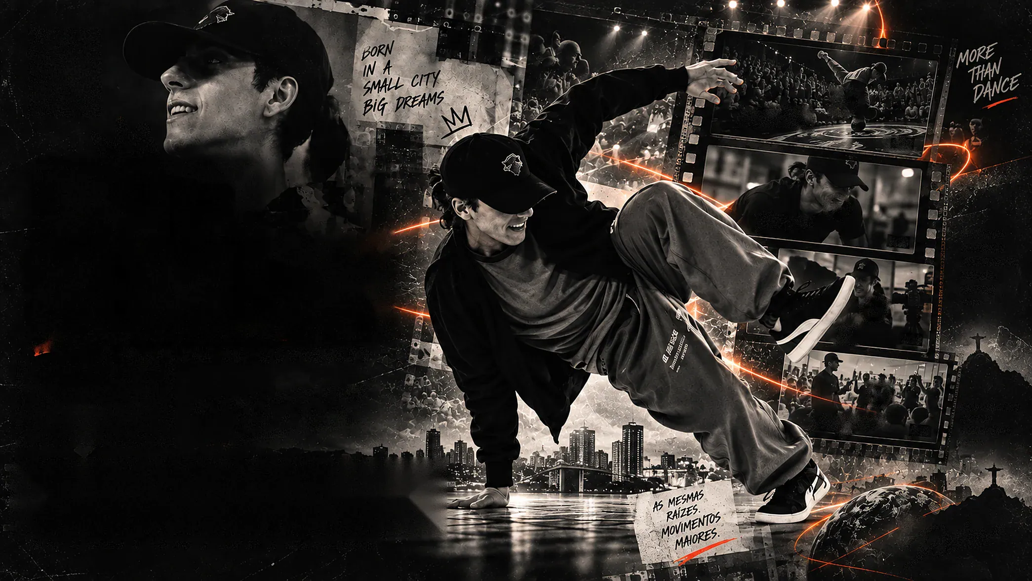 Denilson em movimento de breaking cercado por uma película de filme com cenas de batalha, treino e TV — arte DENILSON IN MOTION
