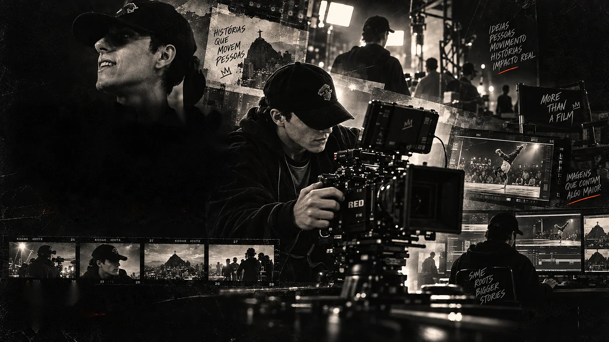 Denilson operando uma câmera de cinema num set, com monitores, luzes e película de filme — arte DENILSON IN MOTION